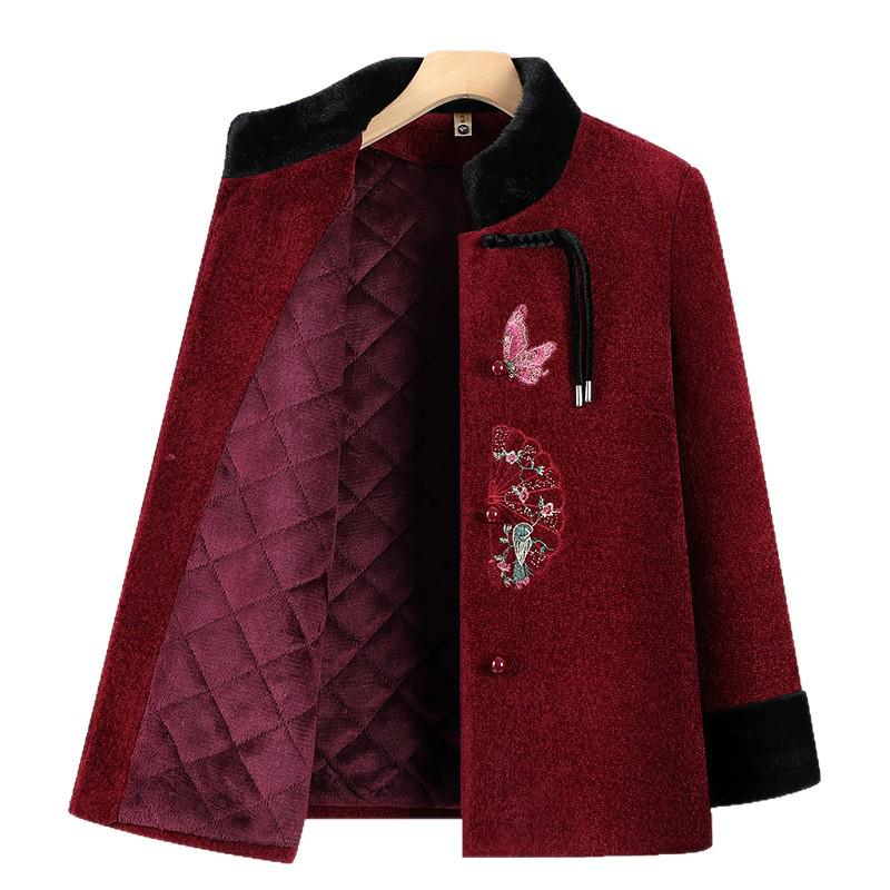 Embroidered Winter Plus Cotton Jacket for Middle-Aged & Elderly Women, Grandma and Mom, Velvet Lined for Cold Protection