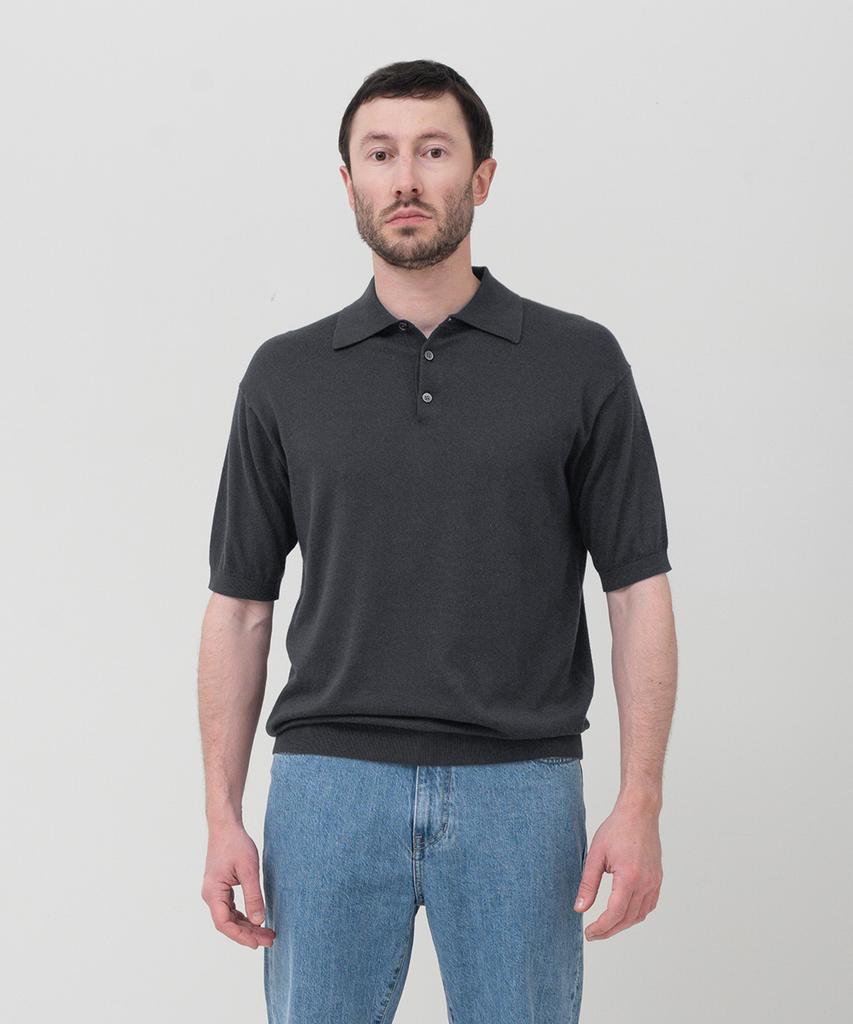 MANNERGRAM Nouvelle Fine Cashmere Cotton Polo Short Sleeve Knit Charcoal Gray