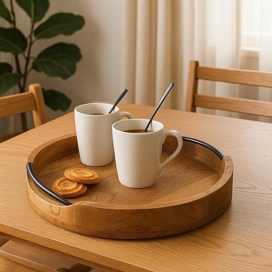 Round Wooden Serving Tray 25.4 cm Brown Wood Platter with Handles Rustic Decorative Tray for Coffee Table, Kitchen, Dining