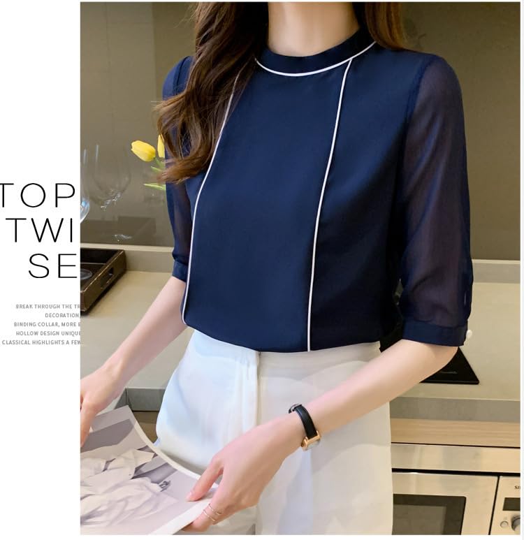 Fairy Stone Short Sleeve Sheer Crew Neck Size Women's Blouse/Shirt, B-70 (Navy)