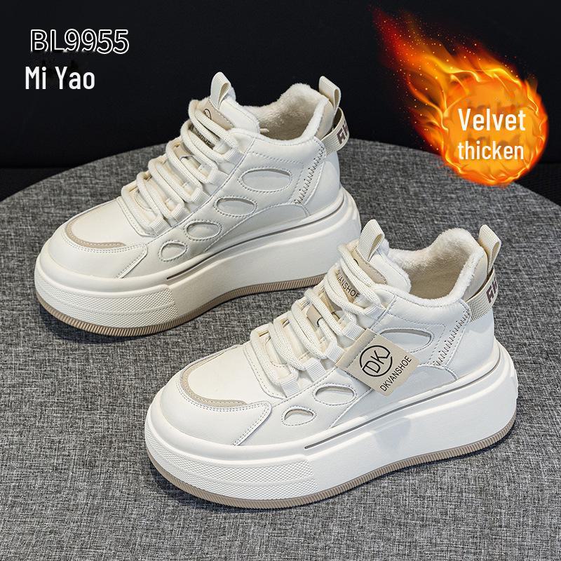 Women's Genuine Leather Velvet Platform Sneakers - Warm, Thick-Soled, Casual High-Tops for Spring 2025.