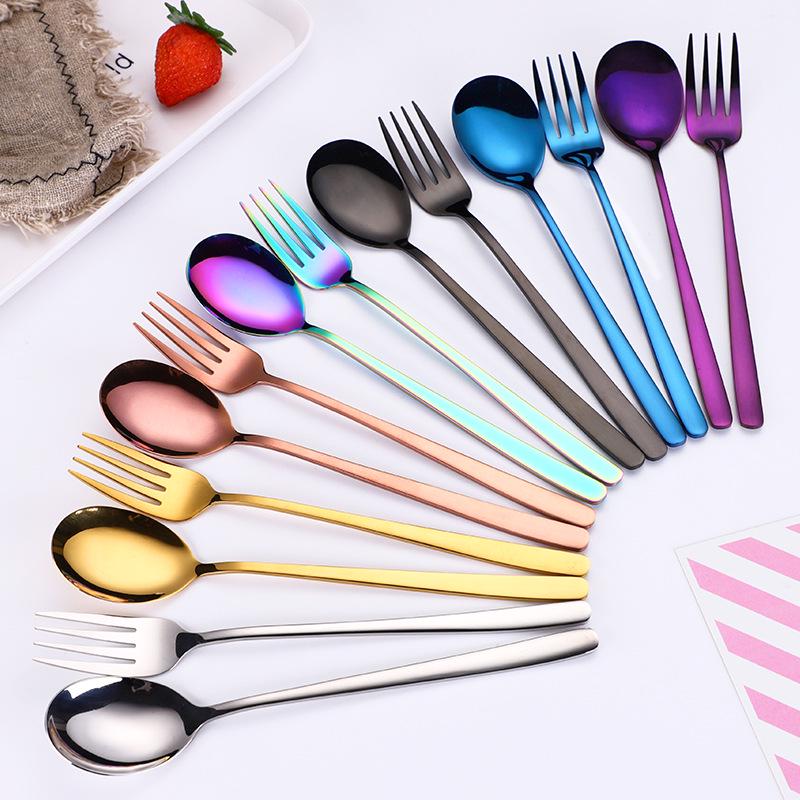 304 Stainless Steel Long Handle Gold-Plated Mixing Spoon and Fork Set, Korean Style