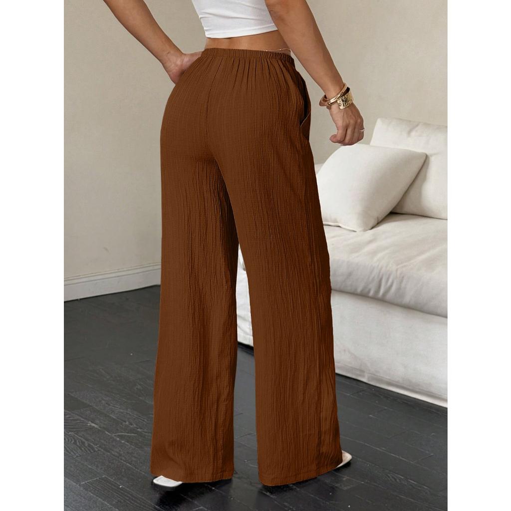 New Women's Casual Solid Color Textured Fabric Knotted Waist Slanted Pocket Wide Leg Pants