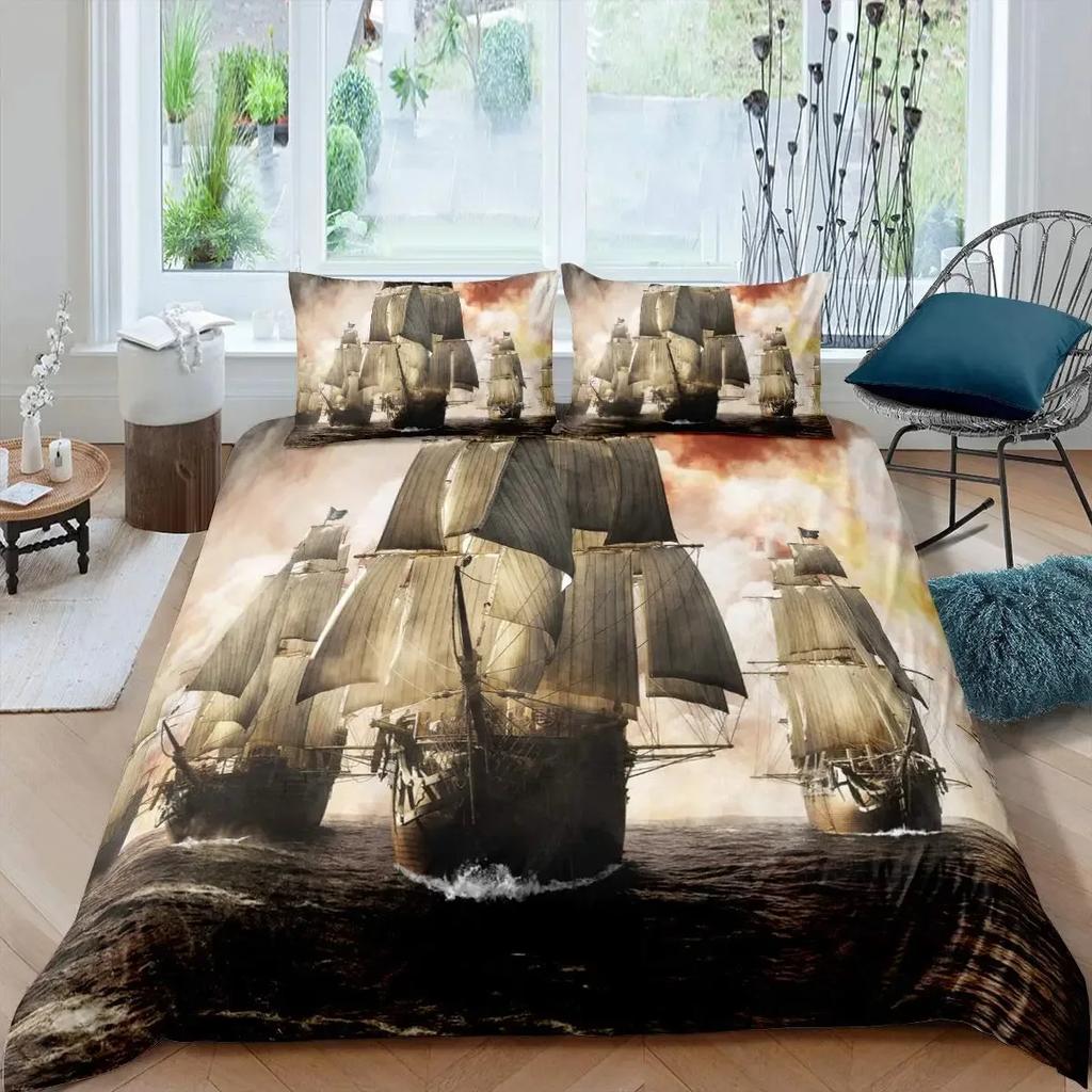 Segelboot Bettbezug Set Maritimes Bettwäsche Set Segelschiff Bettbezug Holzboot Piratenyacht Abenteuer Thema Quiltbezug