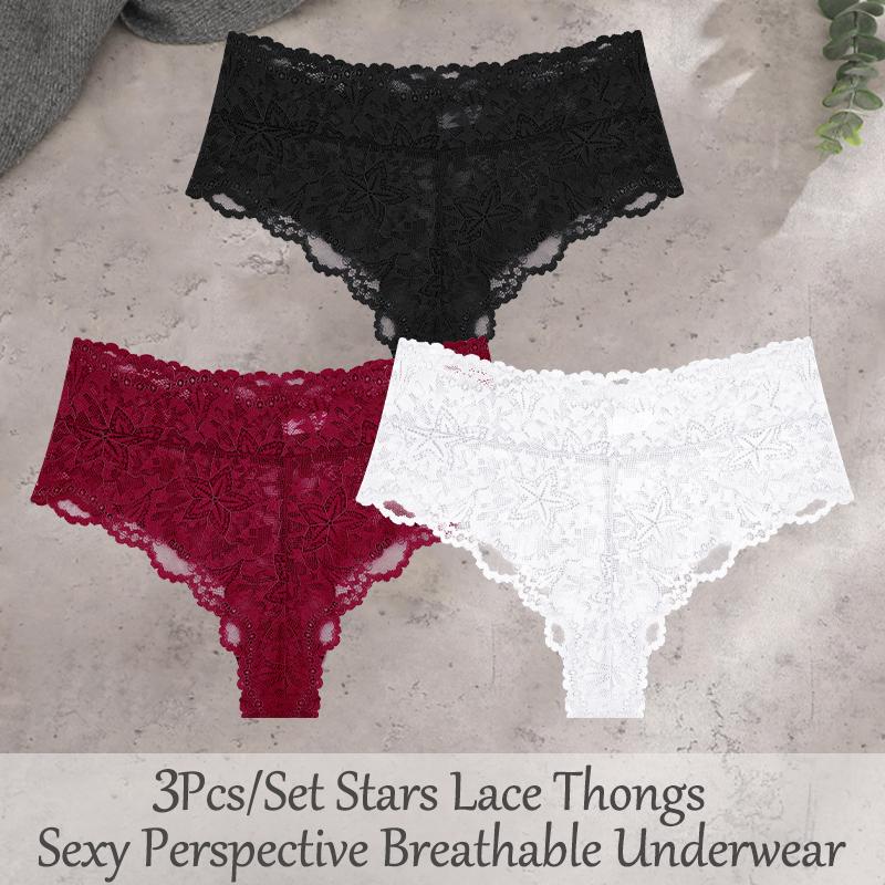 FINETOO 3Pcs Sexy Lace Star Perspective Thongs Panties Women High Waist Breathable Underwear Female Soft Intimates Lingerie 2026