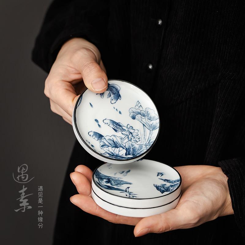 Ceramic Tea Set Coasters Heat-resistant Cup Holders Retro Underglaze Blue and White Porcelain Tea Ceremony Accessories