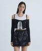 Moiremoa Off-Shoulder Ribbon Cardigan-Black