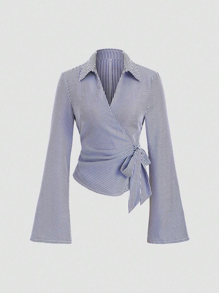 2025 Early Autumn Korean Style Women's Irregular Lace-up Striped Long Sleeve Shirt