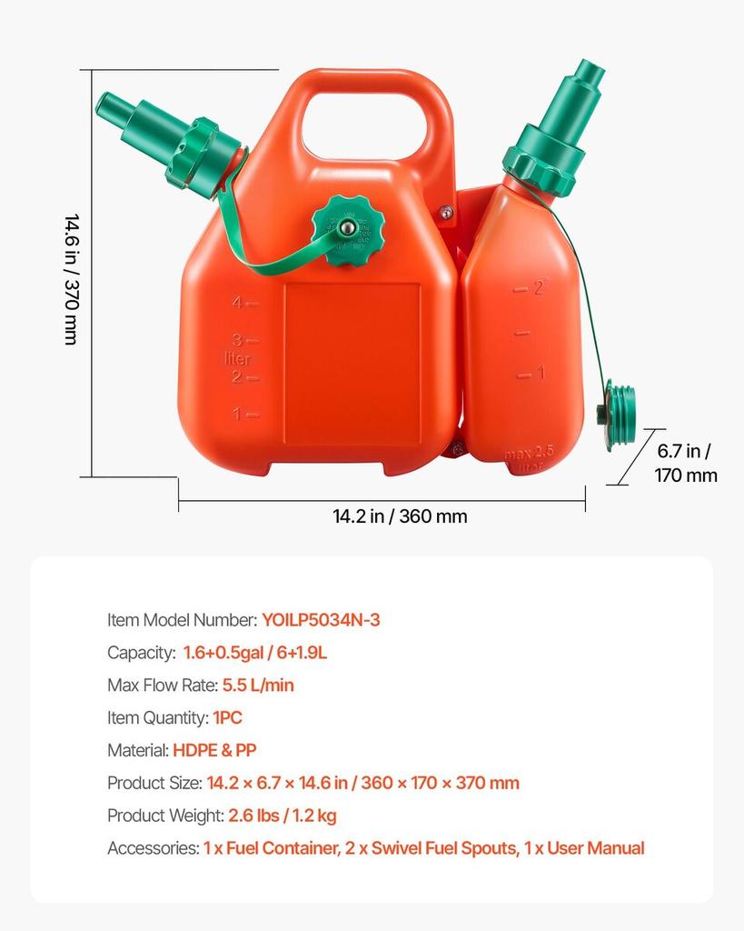 Fuel Container, 6 L, Fuel Tank with Spout & 1.9 L Extra Oil Container, 5.5 L/min Max Flow Rate, Leak-proof and Portable Flat Fluid Container for Most