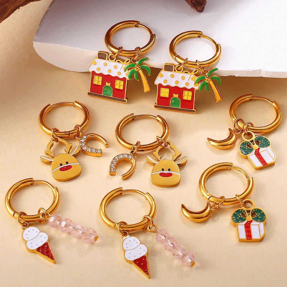2025 DIY Christmas Style 18K Gold Plated Stainless Steel Pendant Earrings for Women