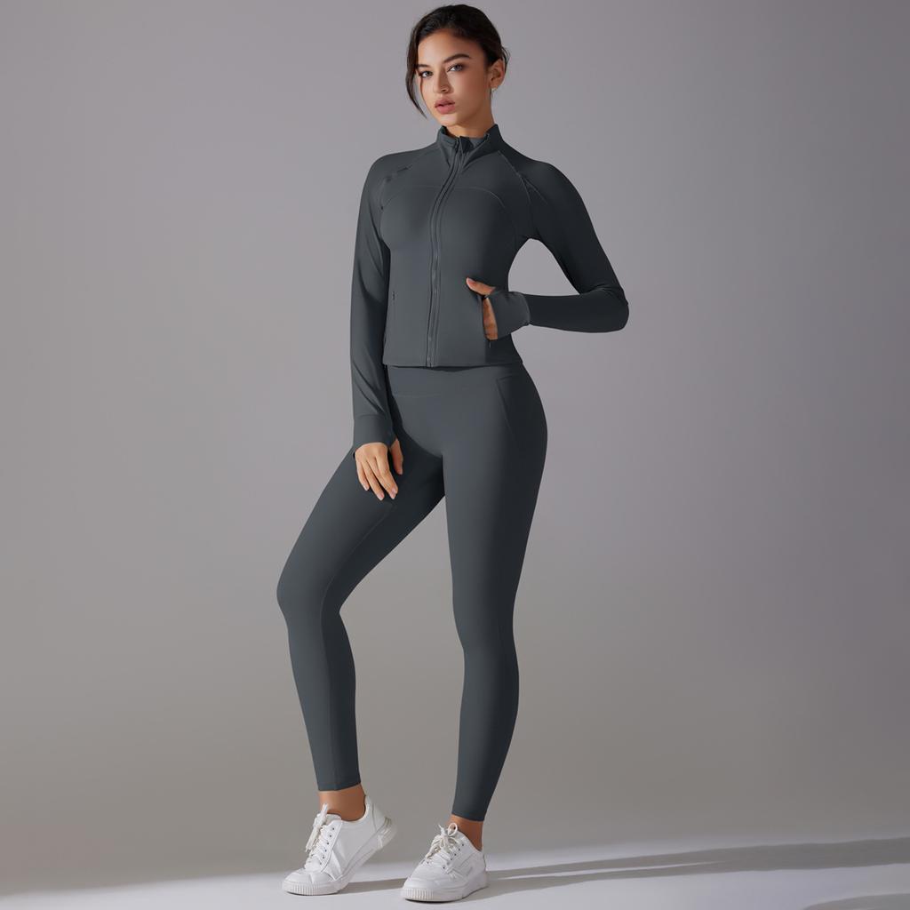 Solid Color Antibacterial Bra-free Zipper Jacket Yoga Wear Sports Running Fitness Two-piece Set