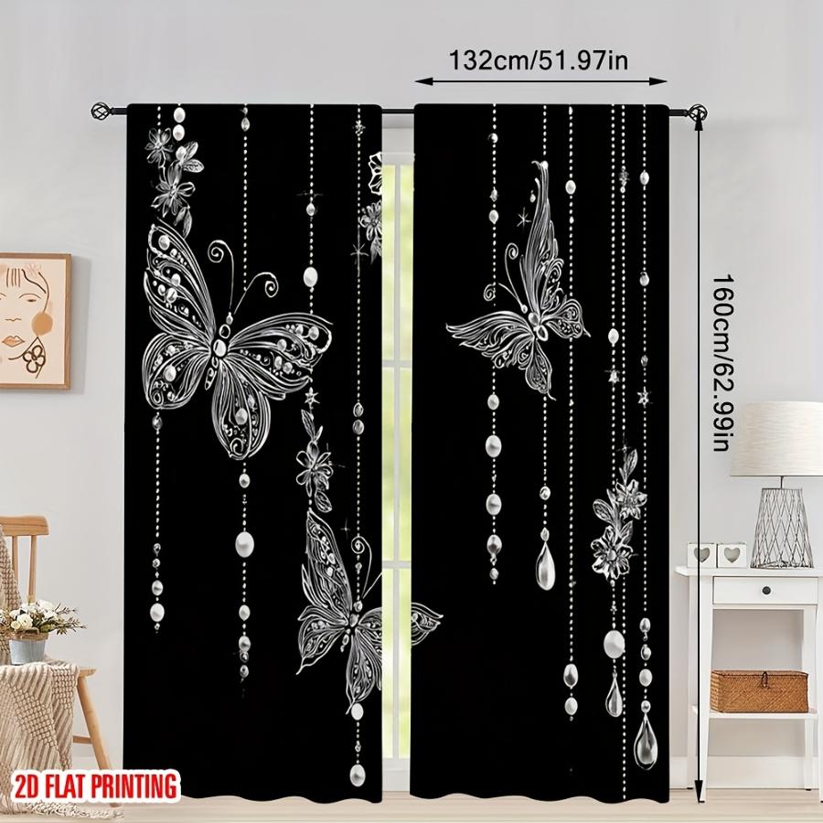 2PCS Digital Printed Curtains, Black Butterfly Pearl Charm Pattern, Stylish Window Treatment for Living Room Bedroom Decor