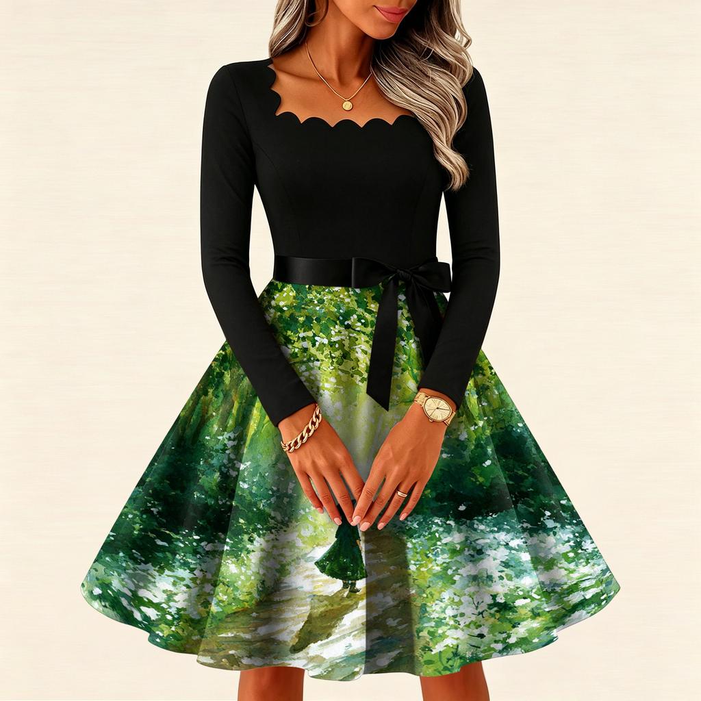 Women's Vintage Long Sleeve Square Neck Halloween Printed Party Dress for Evening Wear
