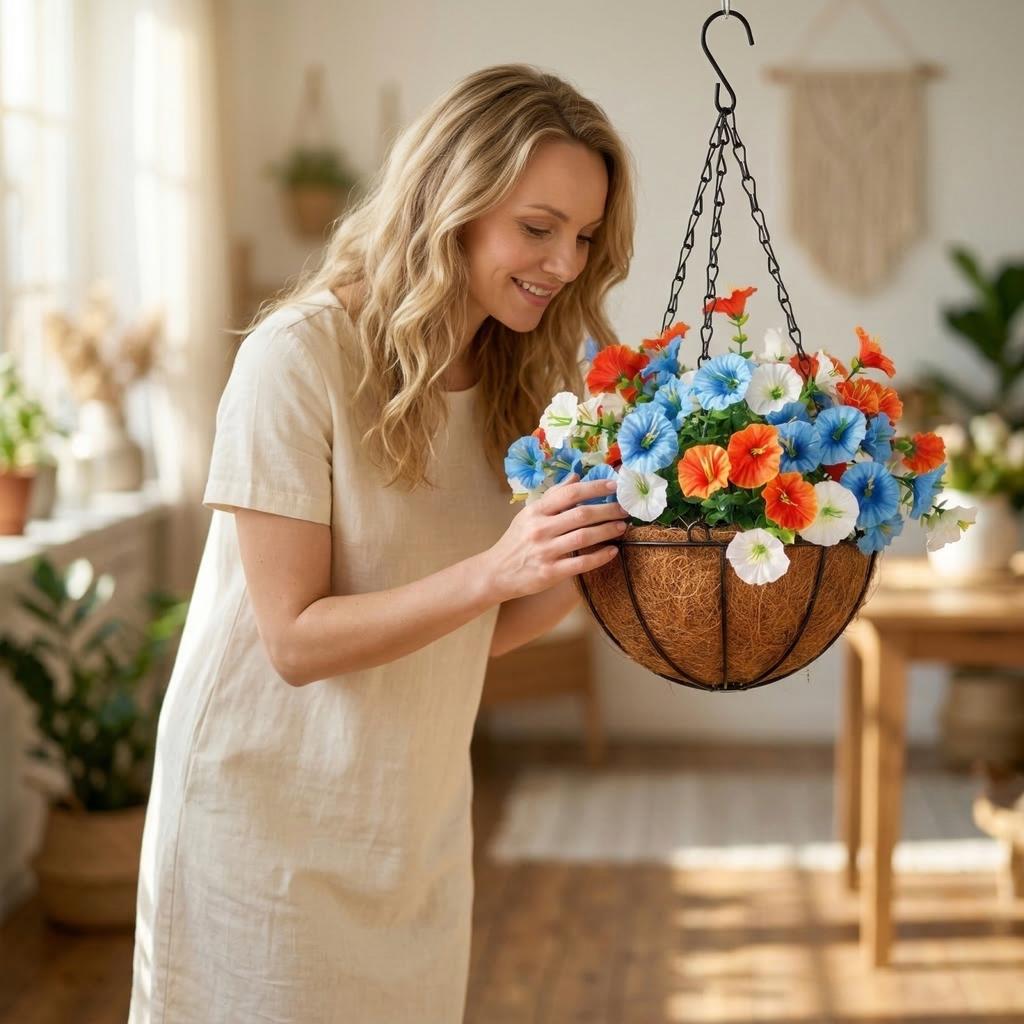 Spring Artificial Flower Hanging Basket, Morning , Hanging Basket, Flower Wreath, Home Flower Wrought Iron Hanging Pot Decoration