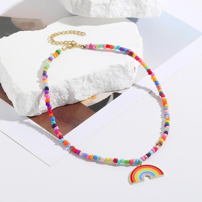 Fashion Rainbow Pendant Necklace Choker Neck Chain Elegant Clavicle Chain Handmade Beaded Necklace Statement Jewelry