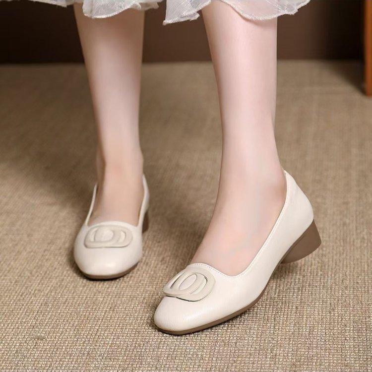 Women's shoes popular soft leather square head single shoes 2025 autumn new shallow mouth versatile mother high heels soft sole leather shoes women