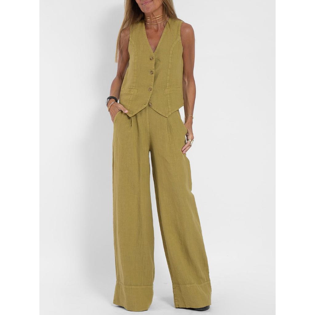 Fashion Vest, Pants, Patchwork, Cotton and Linen Casual Suit for Women