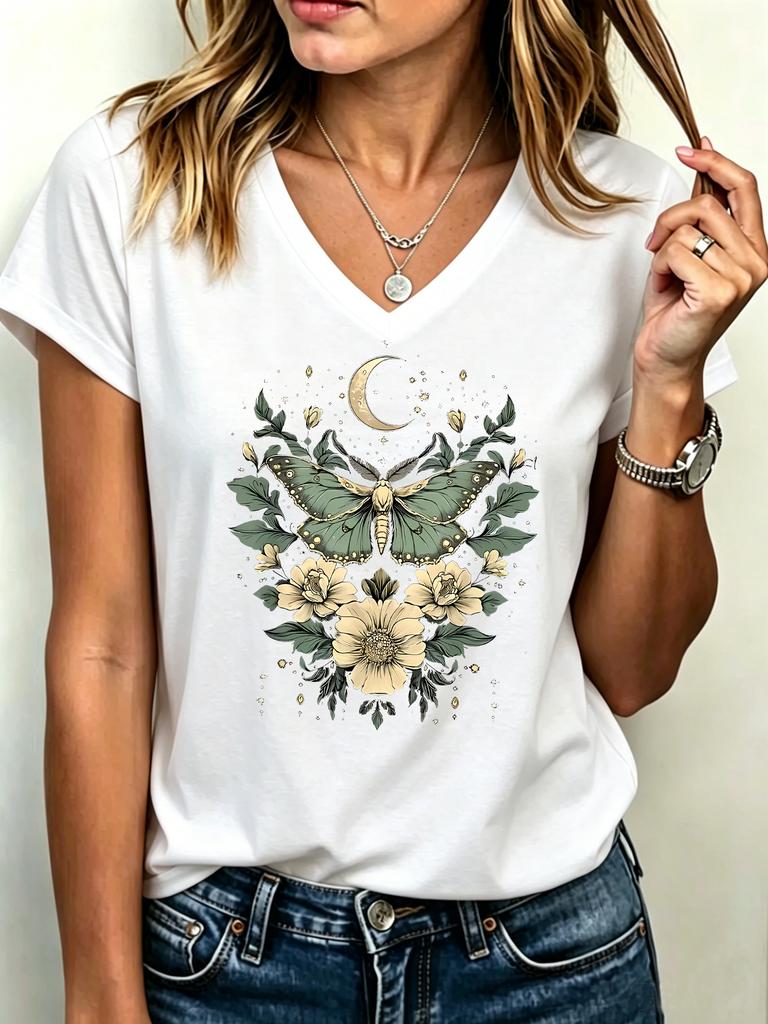 V-Neck Women's Casual Short Sleeve V Neck T-Shirt Graphic Butterfly Floral Print with Moon Stars Spring Summer Top Clothing