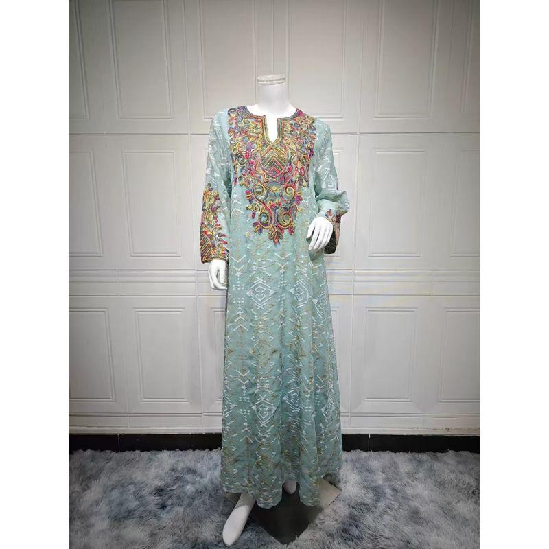 New Middle East Fashion Mesh Embroidery Embroidered Patchwork Robe Dress Mesh Embroidered Dress