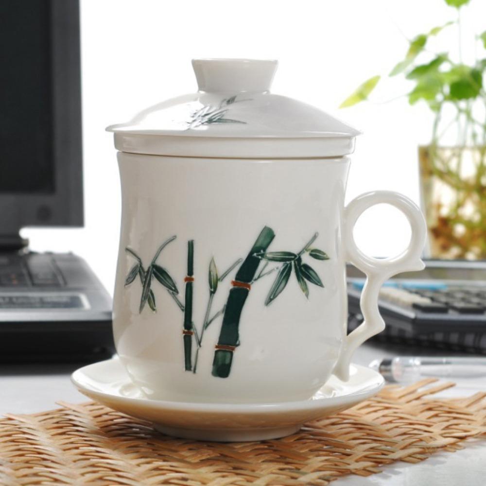 Hand-painted relief ceramic cups, creative zakka ceramic with lid and filter teacups, office cups