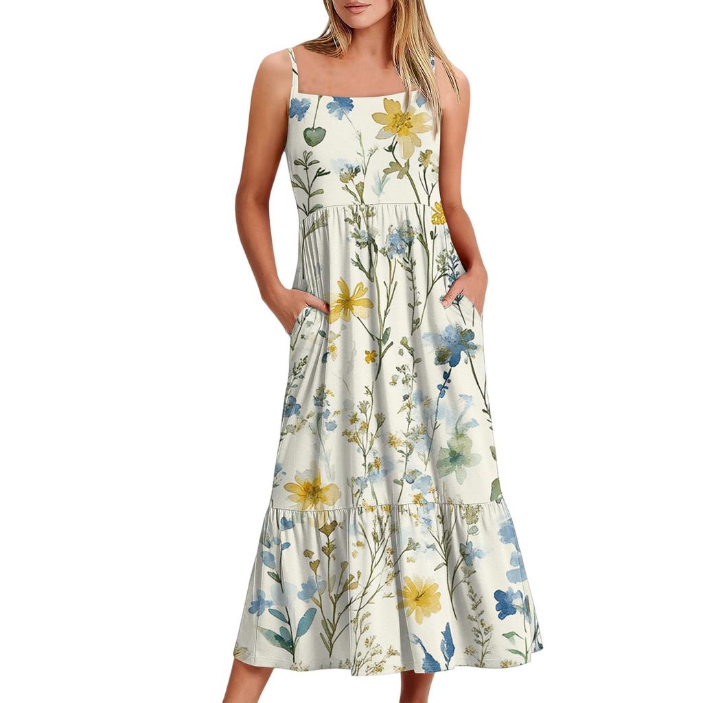 Women's Long Beach Casual Elegant Spaghetti Strap Maxi Dress Floral Low-key Flowing Bohemian Dress