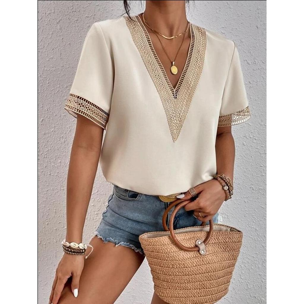 Magliette estive da donna Abiti di moda Camicie casual in chiffon con scollo a V Camicie a maniche corte Camicie in pizzo allentato di colore venduto da donna