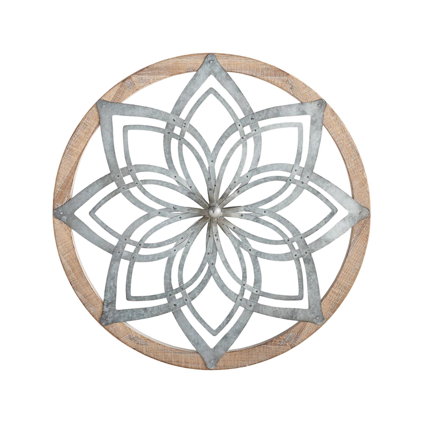 

Round Wall Decor Metal Flower Design with Wooden Frame Rustic Style Indoor Outdoor Suitable for Home Office Cafe Decoration One Size