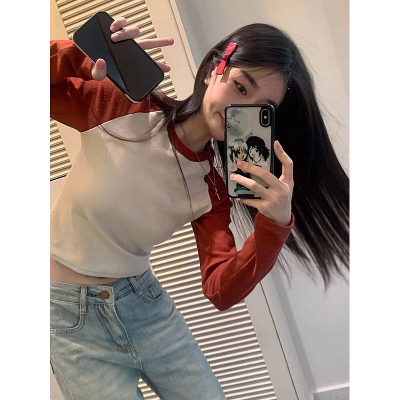 Kumikumi American Retro Contrast Color Round Neck Long Sleeves T-shirt Women's Clothing Autumn Short Easiest for Match Shoulder Slim Looking Tops