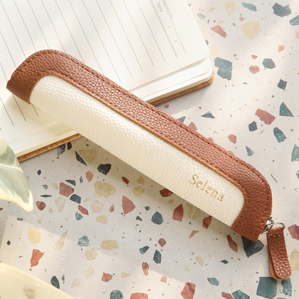 2pcs Personalized Vegan Leather Pen Case Customized Name Color Blocked Pencil Case with Zipper Label Hot Stamping And Pencil Storage Office Stationery
