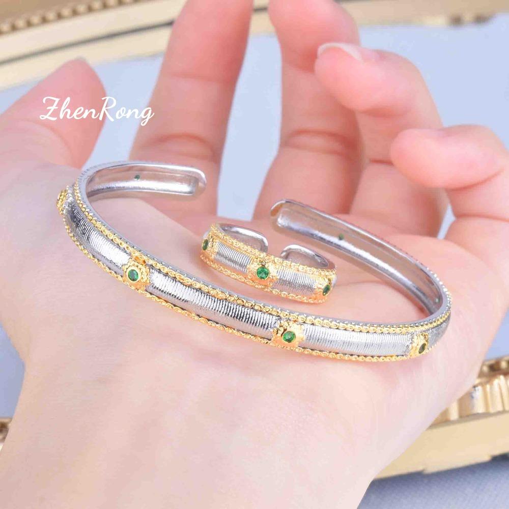 

Italian Buccellati Craft Jewelry Set Women Green Diamond Bracelet Two Tone Gold Ring Micro Paved Bangle