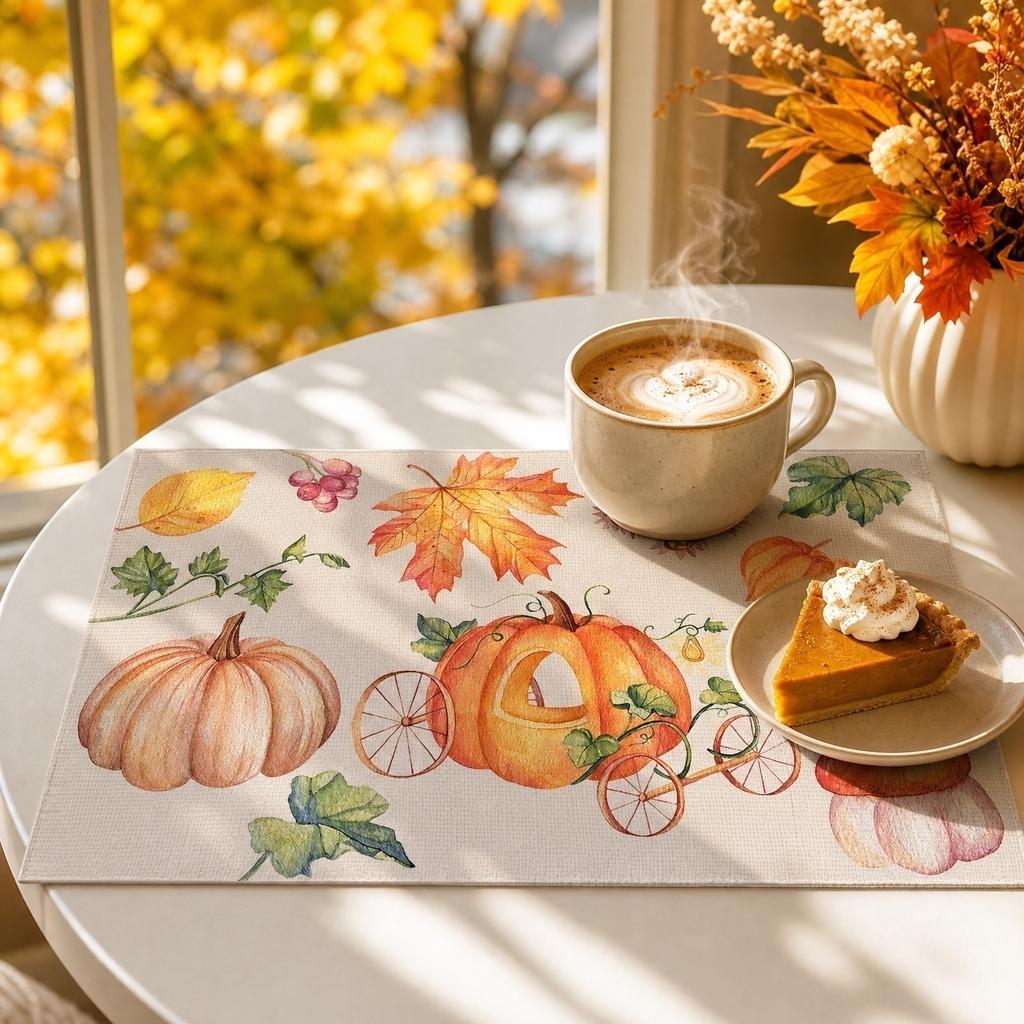 Thanksgiving Holiday Table Placemat Pumpkin and Maple Leaf Pattern Printed Dining Mat 45x30cm for Seasonal Table Decoration