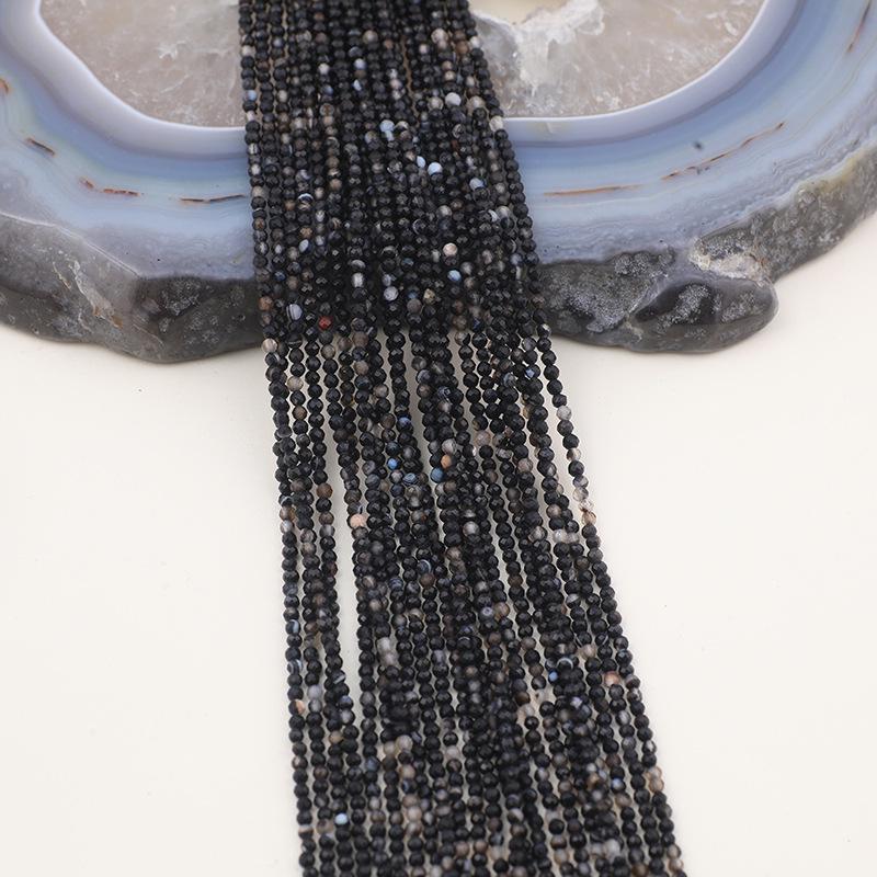 Natürliche Schwarze Blütenachat Facettierte Runde Perlen 2-4mm für DIY Halsketten