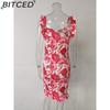 BITCED Summer Women Floral Print Butterfly Sleeve Bodycon Dress Ruffle V Neck Bandage Casual Short Sundress Female Beach Spaghetti Strap Mini Dress