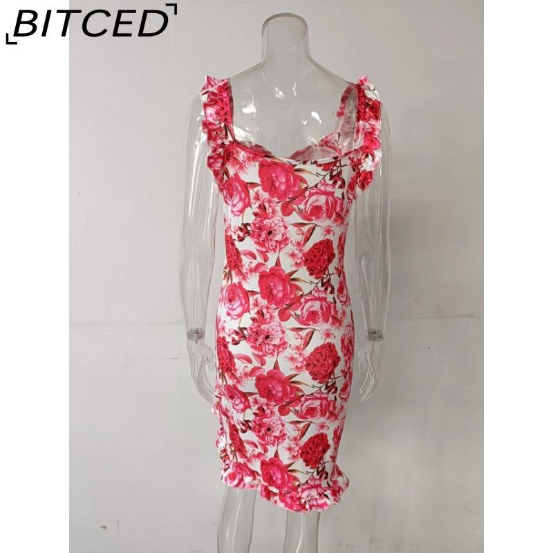 BITCED Summer Women Floral Print Butterfly Sleeve Bodycon Dress Ruffle V Neck Bandage Casual Short Sundress Female Beach Spaghetti Strap Mini Dress