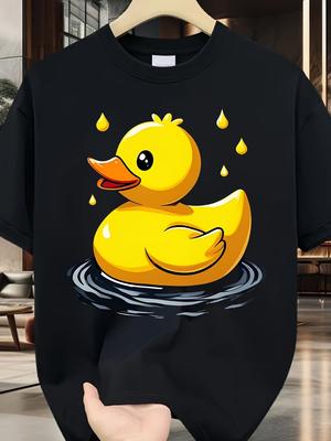 Fun Black TShirt Decorated with Cartoon Yellow Rubber Duck Pattern And Raindrop Elements Plus SizeRetro Casual Short-sle