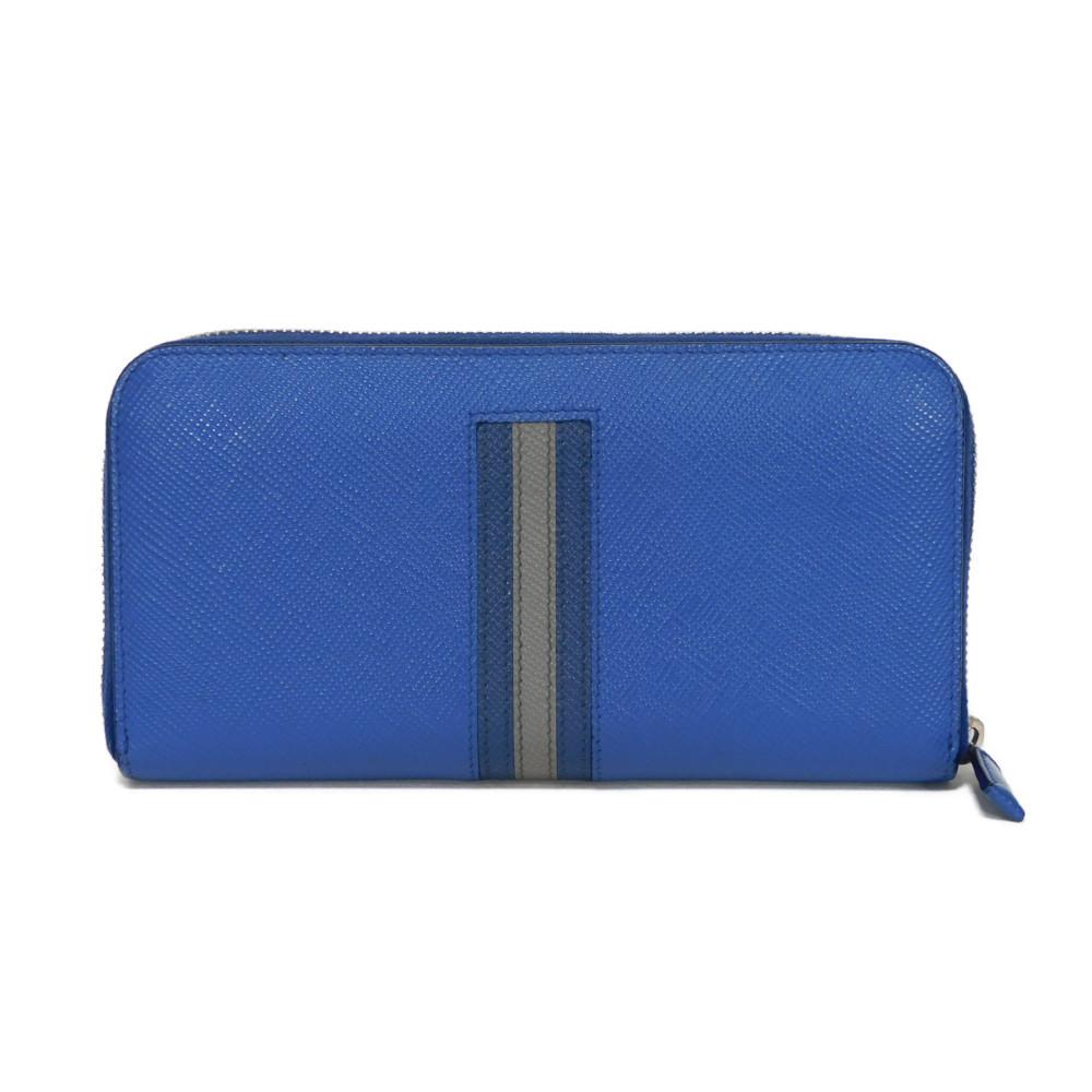 Used 11569 Saffiano Stripe Round Zip Wallet 2ML317 7940 Gray Zip Around Logo Metal Blue Unisex from Japan AUTHENTIC