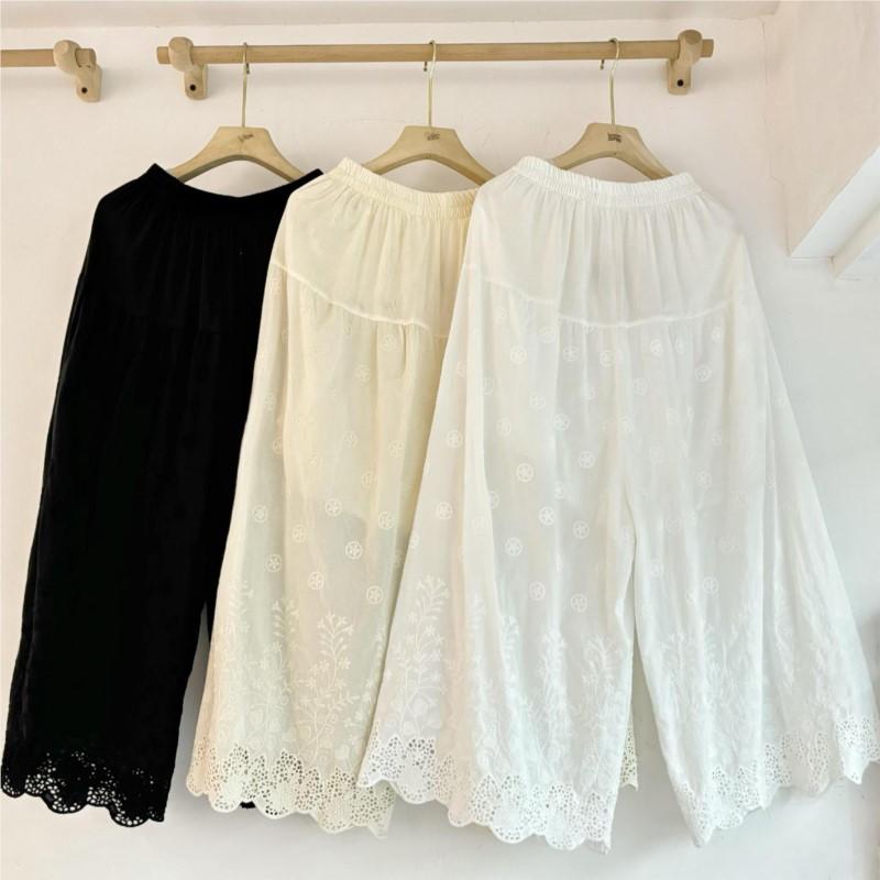 Johnature Spring Summer Sweet Mori Women Solid Color Embroidery Lace Casual Leggings Loose Versatile Lined Wide-leg Pants