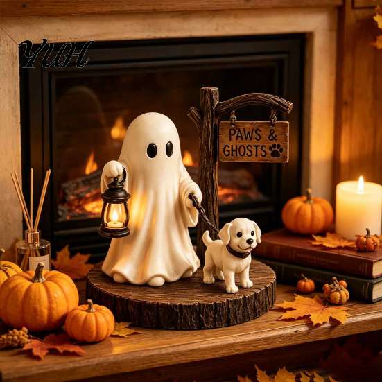 Miniature Ghost Ornaments Halloween Figurine, Vintage Cozy Reading Book/Walking Dog Statue with Lantern, Funny Statues Light Up Spooky Resin Tabletop