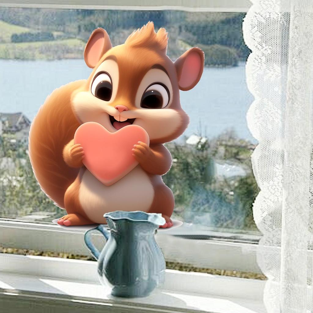 Cute Squirrel Heart Window Sticker: Animal Glass Decoration, Glue-Free PVC Electrostatic Cling