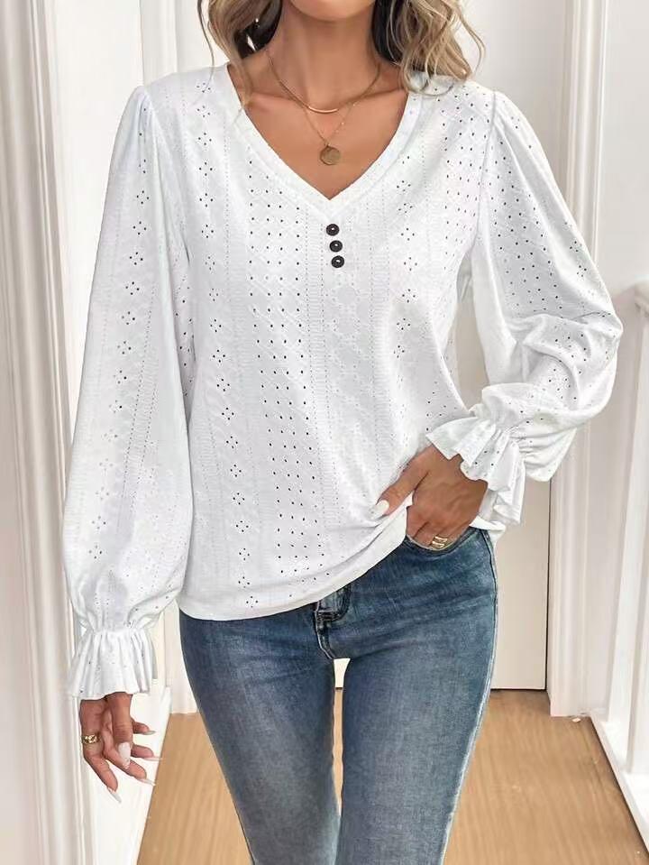 Women's V-Neck Long Sleeve Top with Decorative Buckle - Solid Color, Perfect for Spring & Summer Casual Wear.
