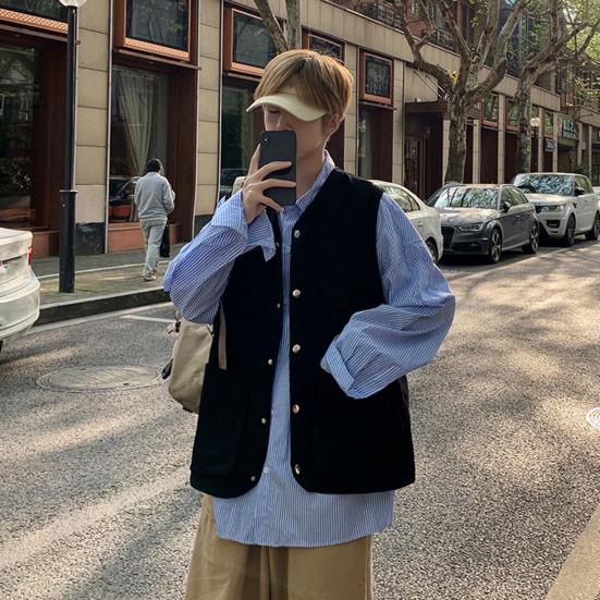 Męska kamizelka cargo bez rękawów jednorzędowa kieszenie projekt sportowy jednolity kolor wielokolorowa kamizelka outdoorowa odzież uliczna