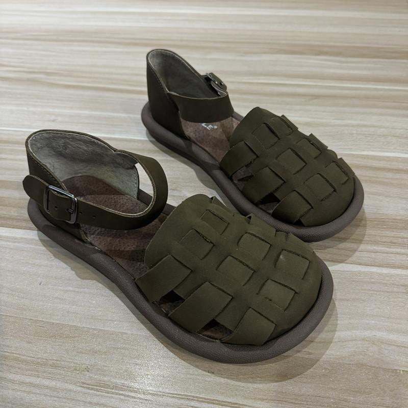Johnature Sandalias casuales de cuero genuino para mujer, zapatos planos cómodos y versátiles con suela suave y transpirable