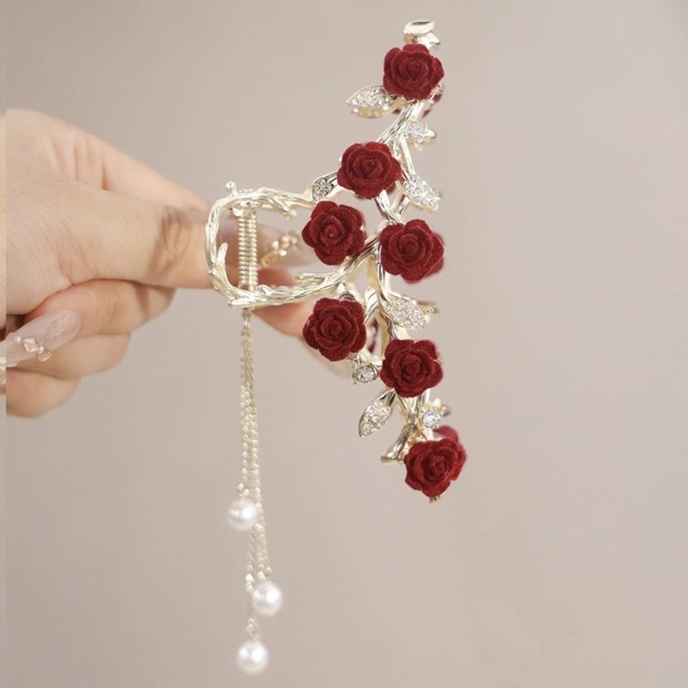 Pearl Tassel Rhinestone Hairpins Red Metal Hairgrip Elegant Rose Hair Claw Clips Hair Accessories