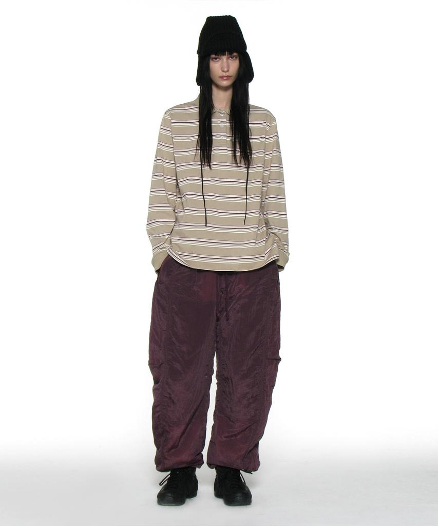 PARTIMENTO WOMEN Striped Long Sleeve Polo Tee_Dusty Beige