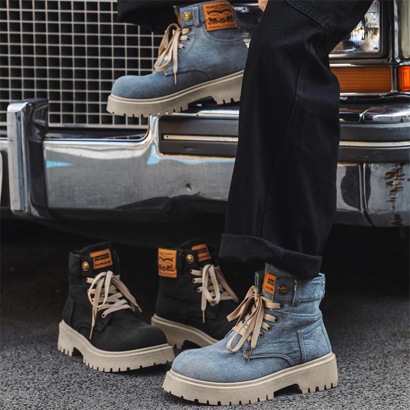 Fashion Blue Denim Men's Boot Autumn High Top Platform Cowboy Boots Man Original Casual Short Barrel Boots Men botas para hombre