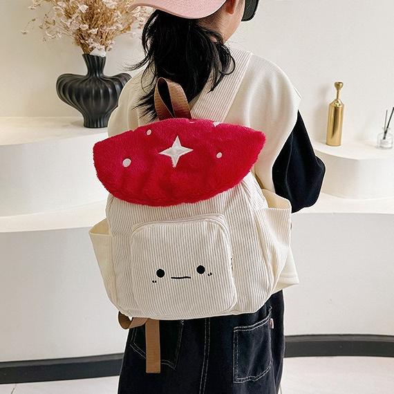 Cute Corduroy Mushroom Backpack Kawaii Cartoon Mini Backpack Soft Stuffed School Bag Travel Daypack Gift for Girls Kids Women