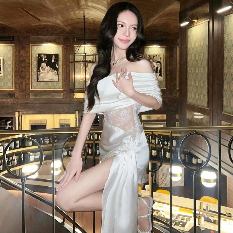 

Fashion Satin Sexy Lace See-through Stitching Irregular Dress Sexy Elegant off-Shoulder Ribbon Skirt for Women White S