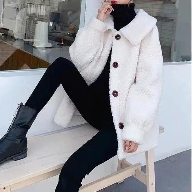 Verdickter Imitat-Lammwoll-Integrierter Quadratkragen-Mantel Damen Herbst- und Winterbekleidung Übergröße Einreihig Lockerer Damenmantel