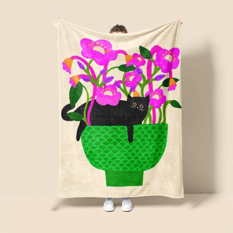 Home Decoration Plush Throw Sofa Blanket Anime Animals Bedspread On the Bed Fluffy Soft Blankets Decor Plaid Modern Cat Black