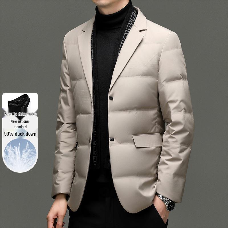 Men's Winter Suit-Style White Duck Down Jacket with Detachable Scarf, 90% Down Filled for Cold Protection and Warmth.